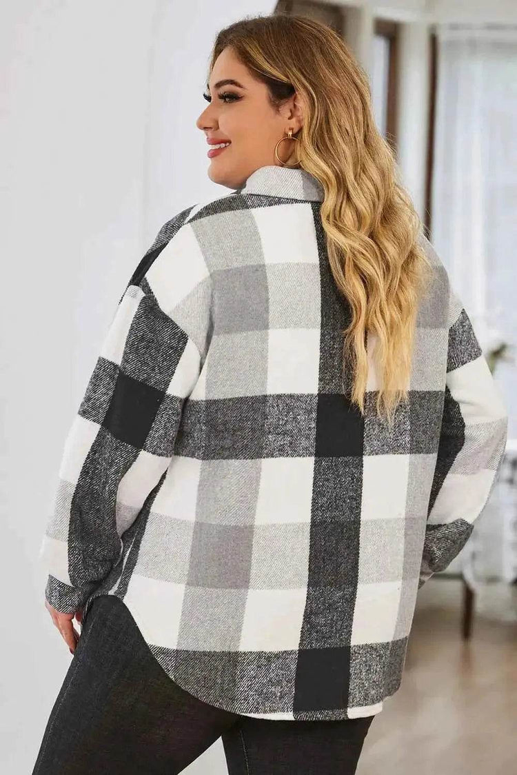 Plus Size Plaid Button Up Collared Neck Jacket - GiFTiFY