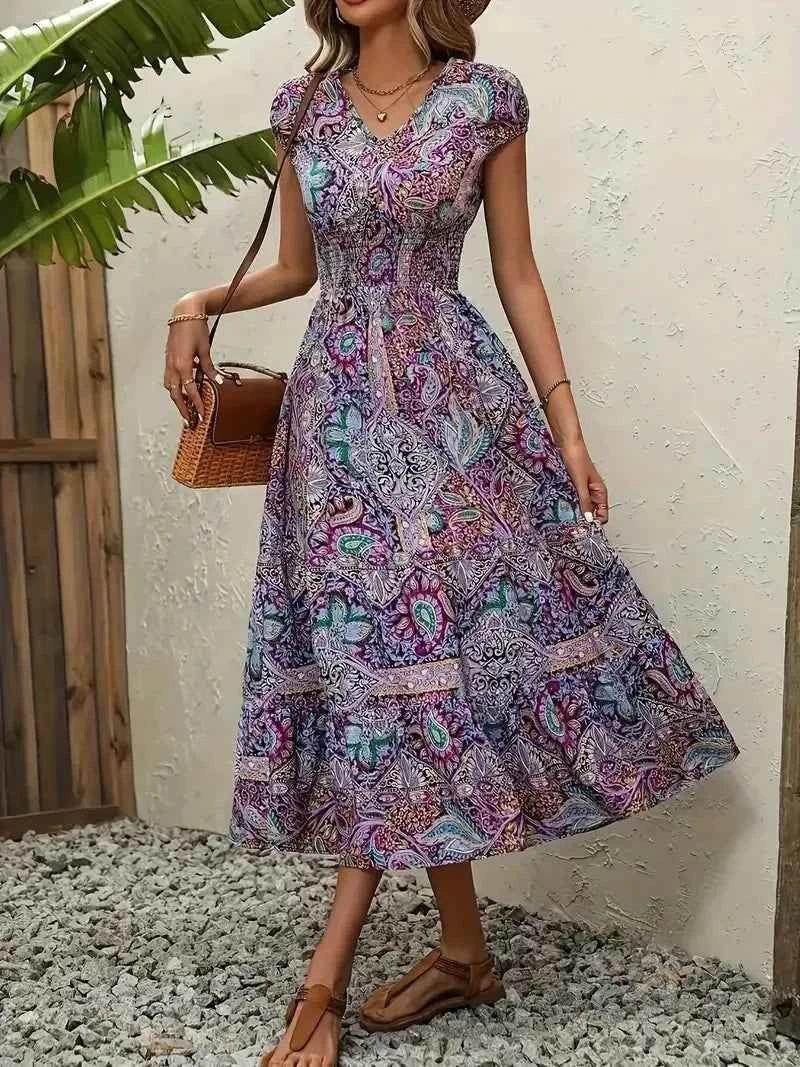 Plus Size Printed V-Neck Short Sleeve Midi Dress - GiFTiFY