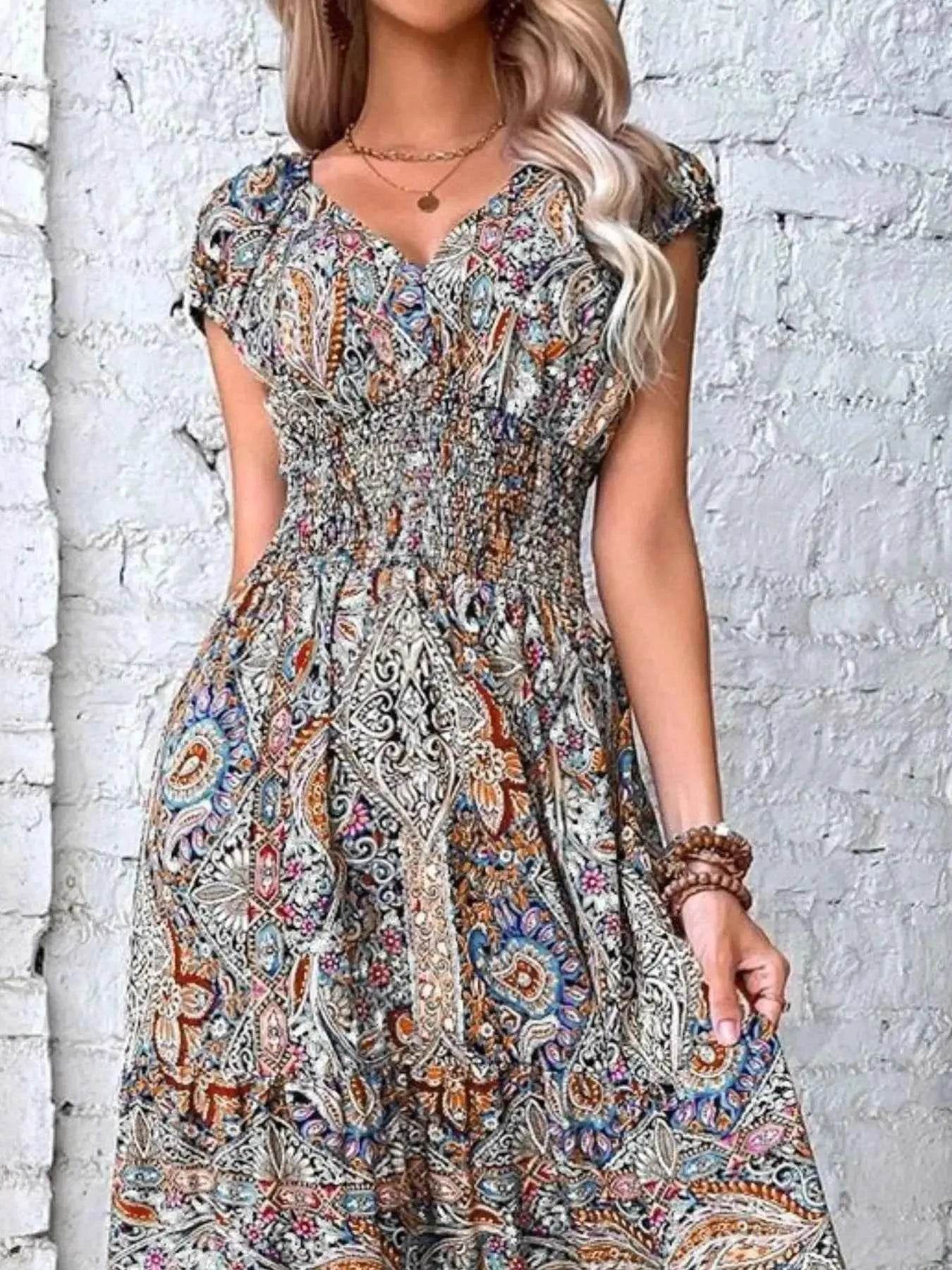 Plus Size Printed V-Neck Short Sleeve Midi Dress - GiFTiFY