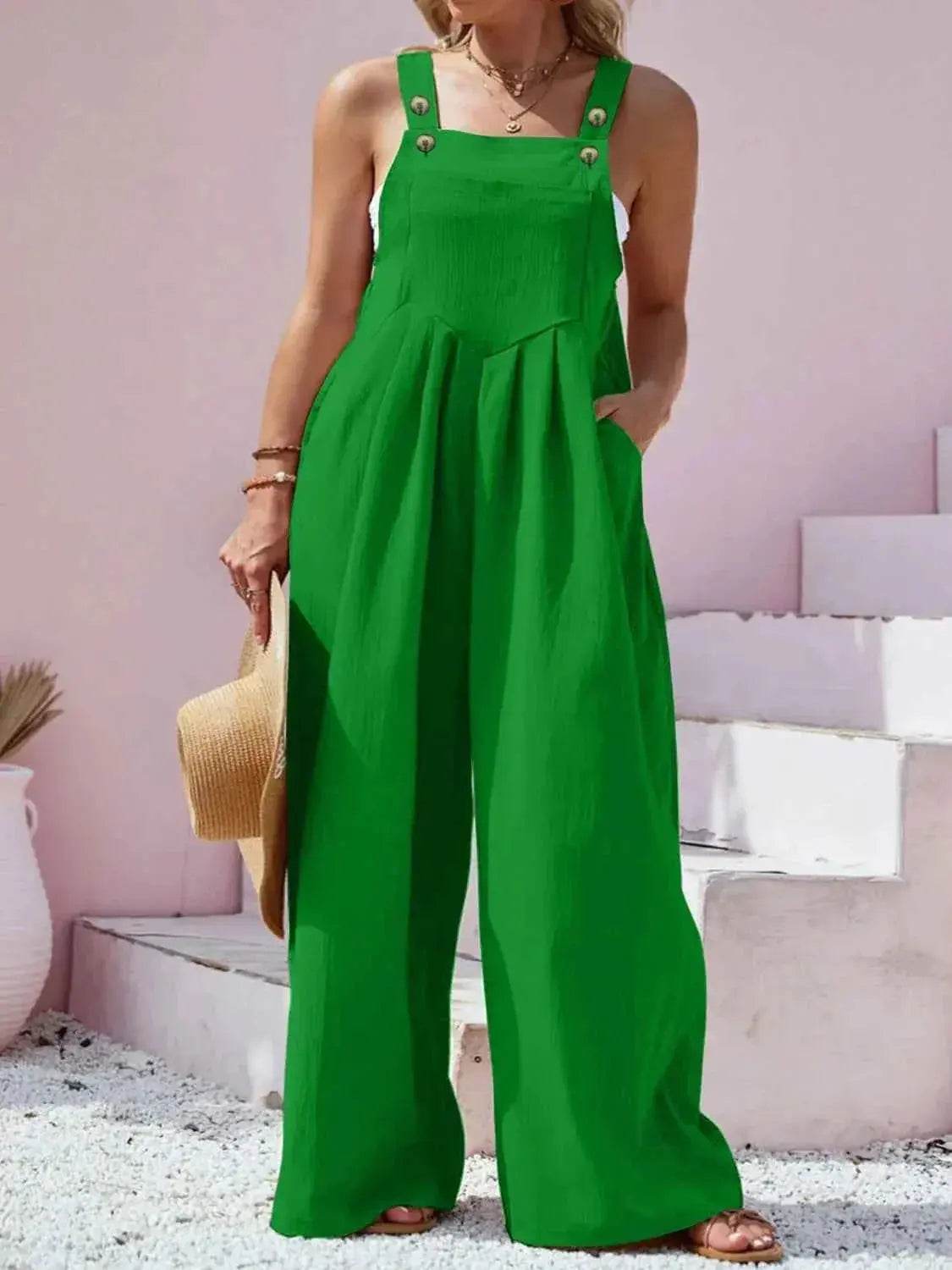 Plus Size Square Neck Wide Leg Overalls - GiFTiFY