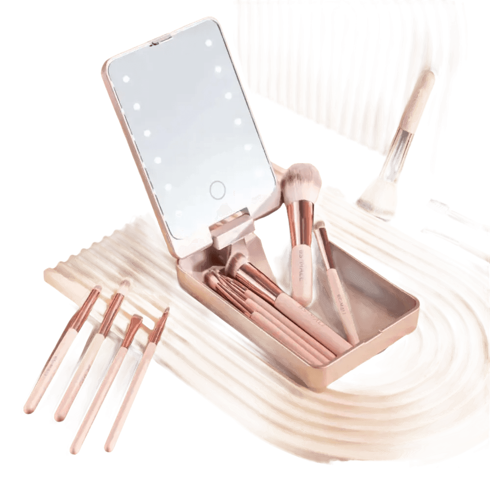 14pcs Travel Makeup Brush Set with LED Light Mirror - GiFTiFY