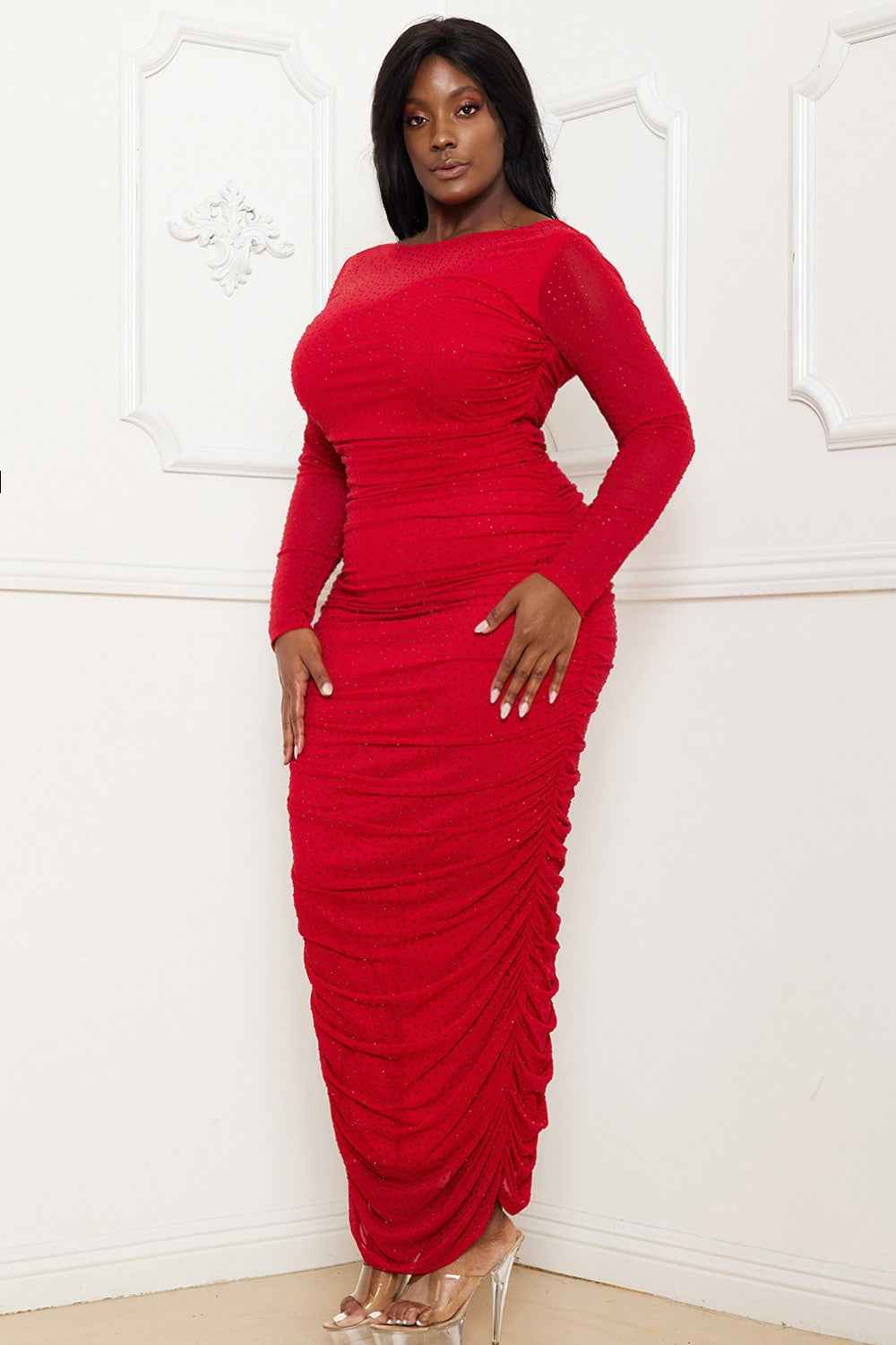 Rhinestone Mesh Pleated Plus Size Maxi Dress - Red