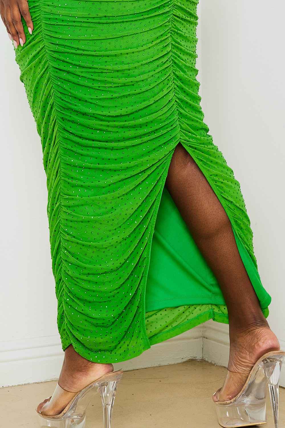 Rhinestone Mesh Pleated Plus Size Maxi Dress - Green