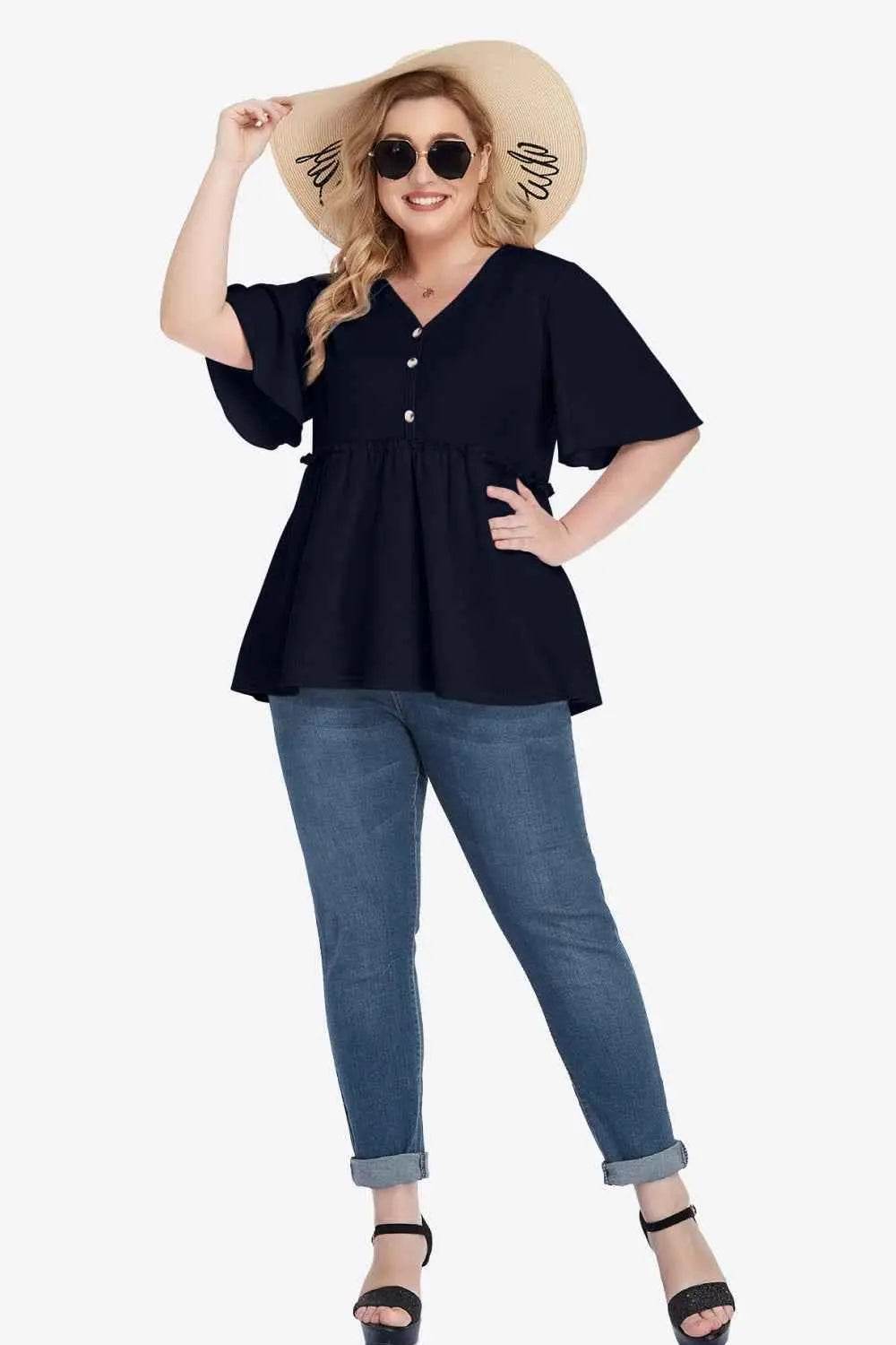 Plus Size Buttoned V-Neck Frill Trim Babydoll Blouse - GiFTiFY