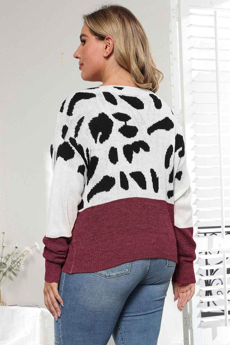 Plus Size Leopard Round Neck Long Sleeve Sweater - GiFTiFY