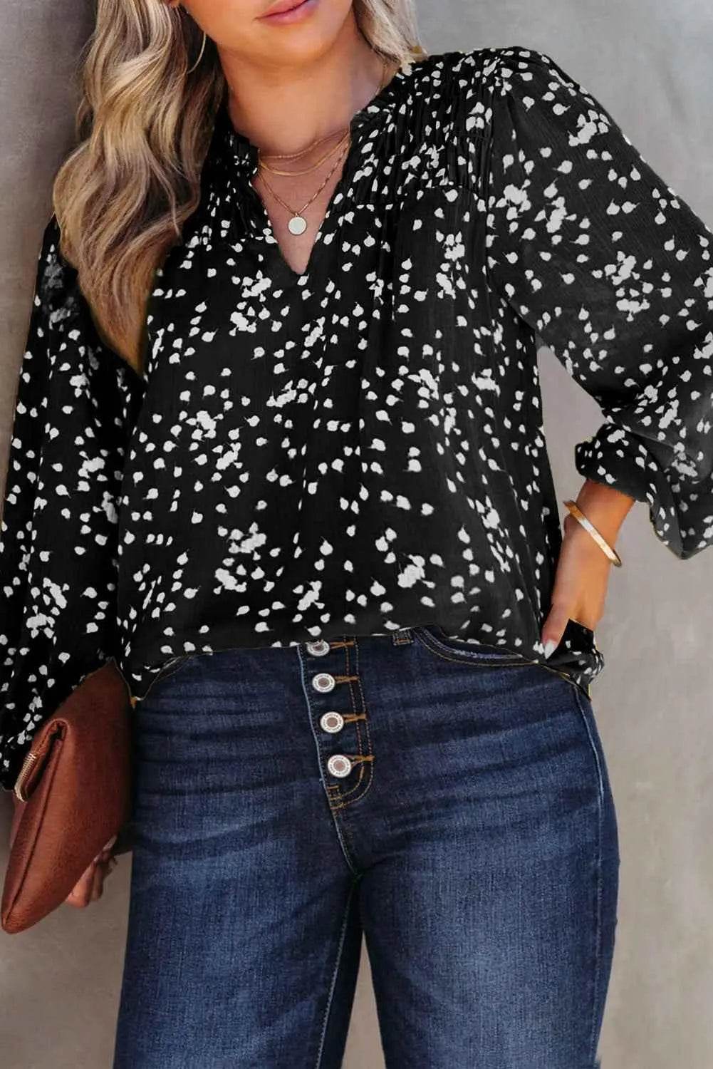 Plus Size Notched Neck Smocked Blouse - GiFTiFY