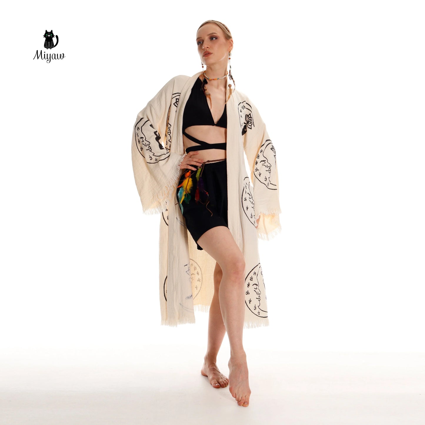 Boho Cotton Kimono Robe – Yoga Girl & Moon Stamp, Organic Loungewear Miyawfashion
