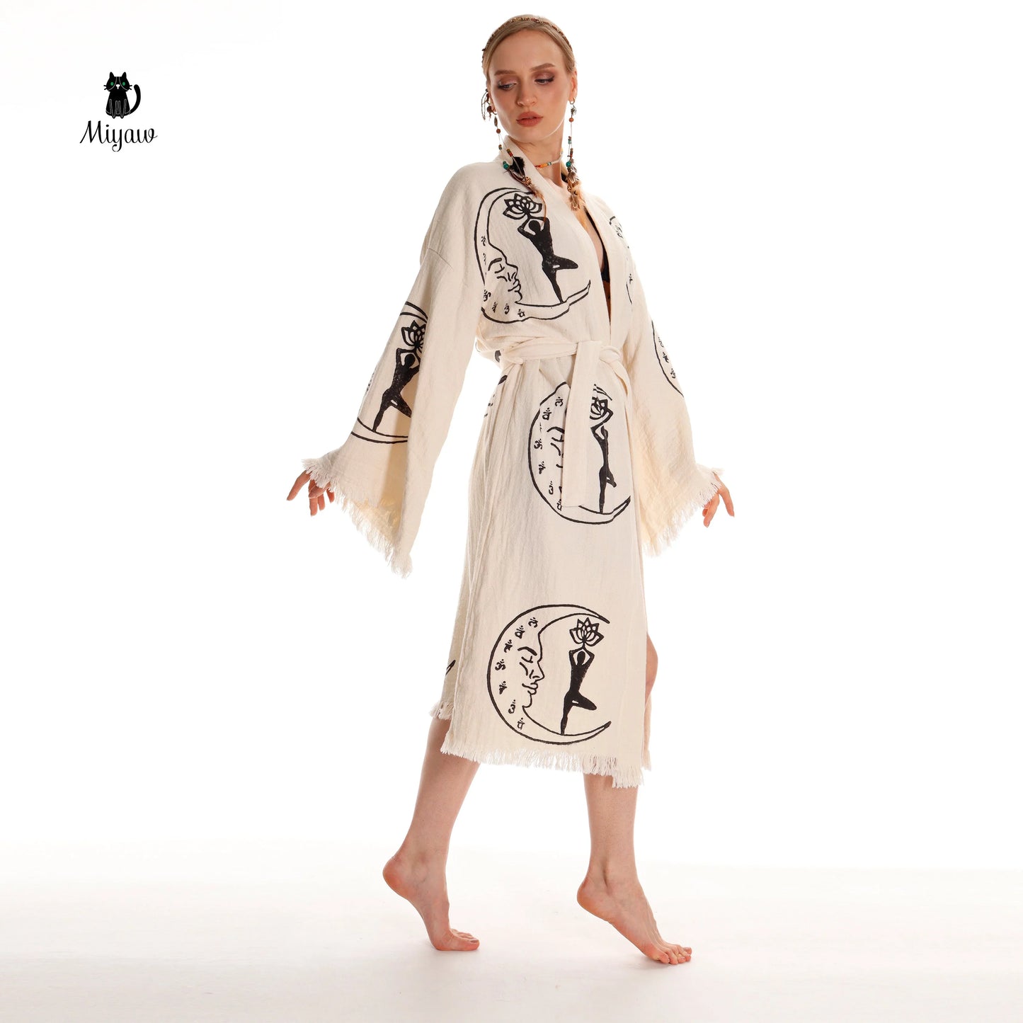 Boho Cotton Kimono Robe – Yoga Girl & Moon Stamp, Organic Loungewear Miyawfashion