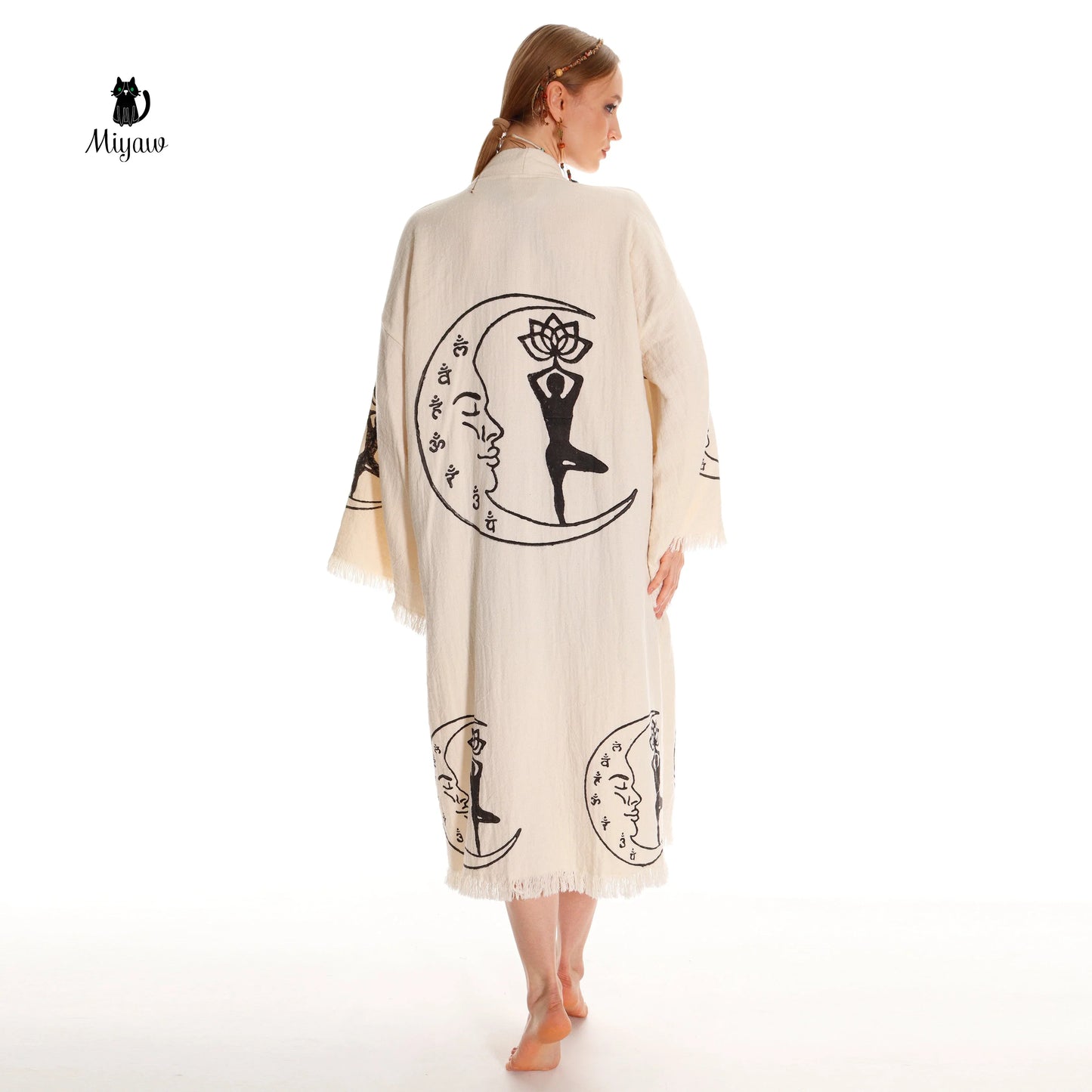Boho Cotton Kimono Robe – Yoga Girl & Moon Stamp, Organic Loungewear Miyawfashion