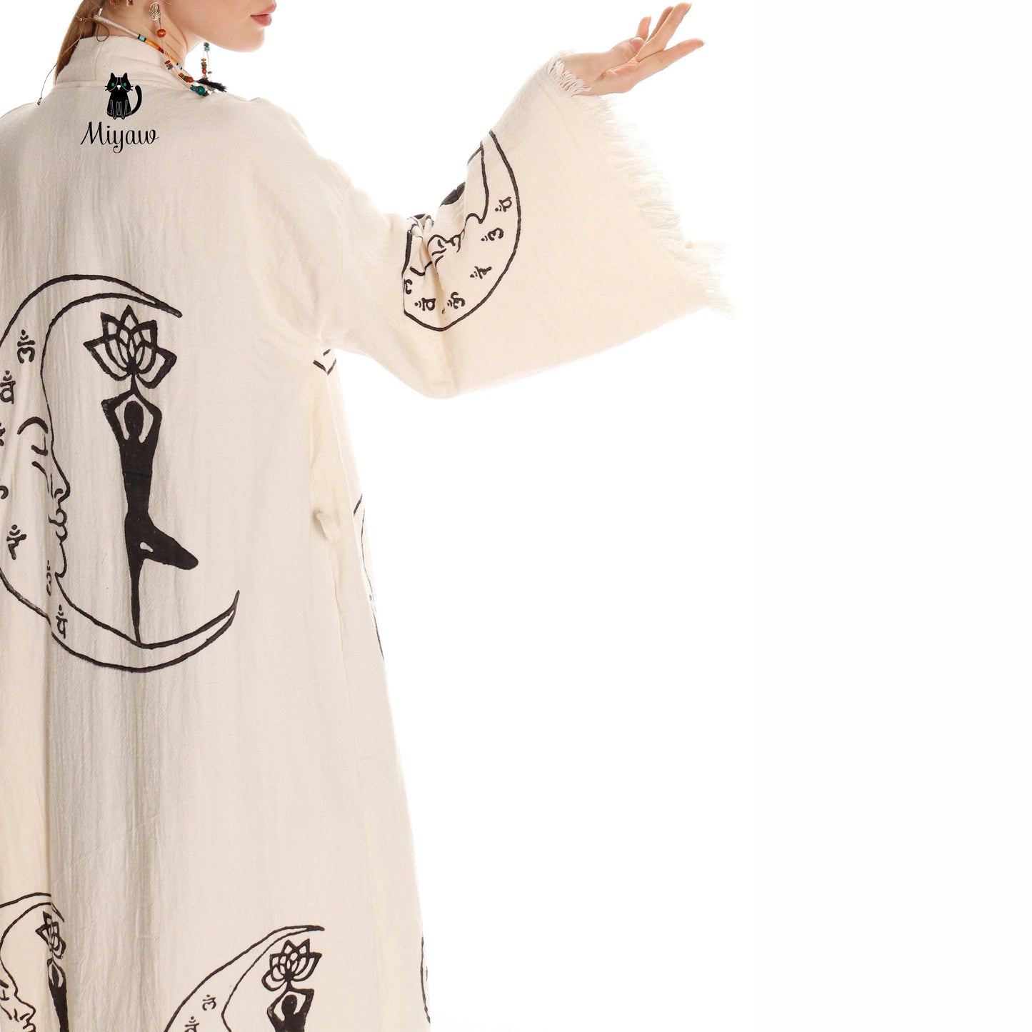 Boho Cotton Kimono Robe – Yoga Girl & Moon Stamp, Organic Loungewear Miyawfashion