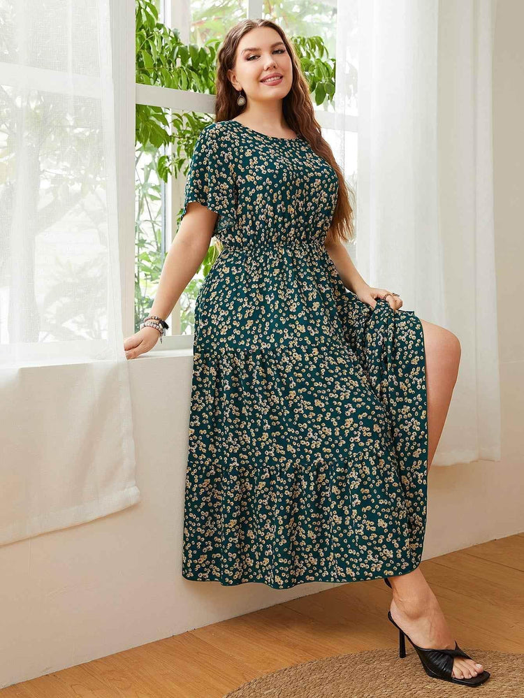 Honey Plus Size Floral Round Neck Short Sleeve Midi Dress - GiFTiFY