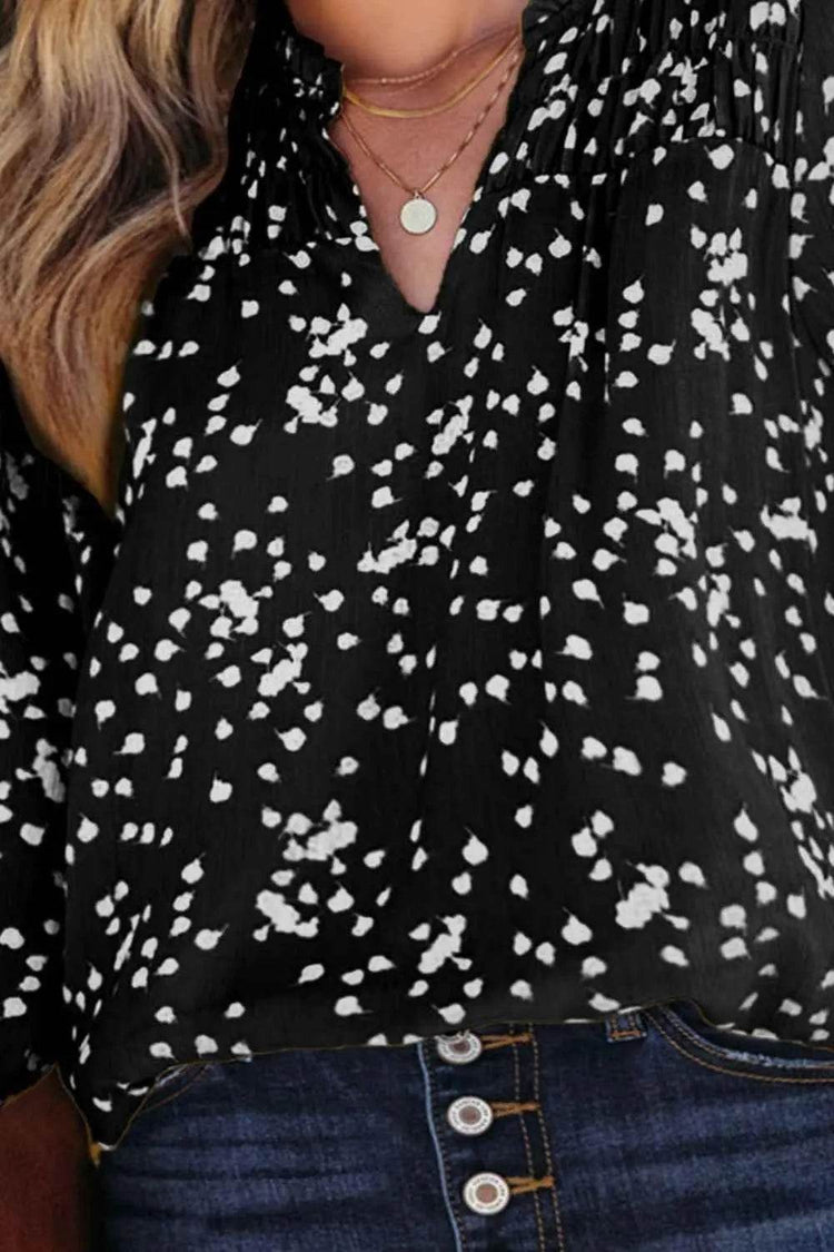 Plus Size Notched Neck Smocked Blouse - GiFTiFY