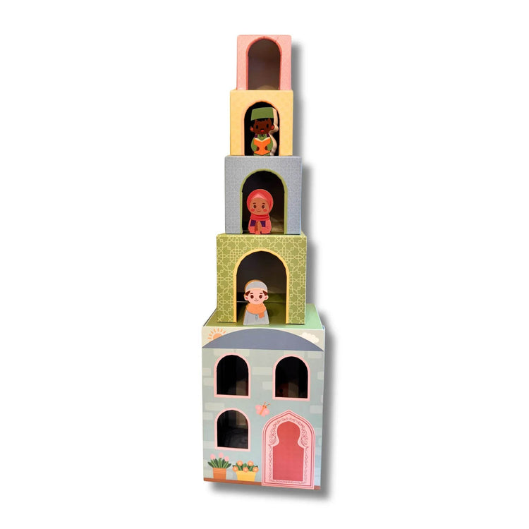 Stacking Houses (Set of 5 Houses and 3 Hardwood Characters) - GiFTiFY