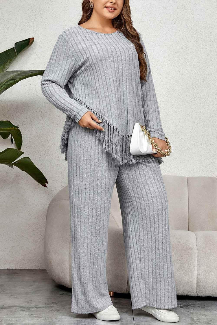 Honey Plus Size Tassel Hem Top and Pants Set - GiFTiFY