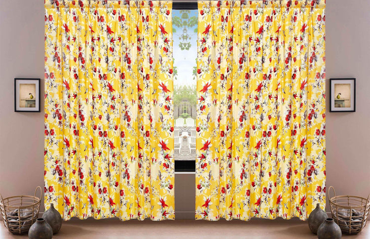 DaDa Bedding Set of 2 Radiant Sunshine Yellow Floral Window Curtain Panels - Natural Semi Sheer Hummingbirds Farmhouse Red Flowers Straight Tailored Edge - GiFTiFY