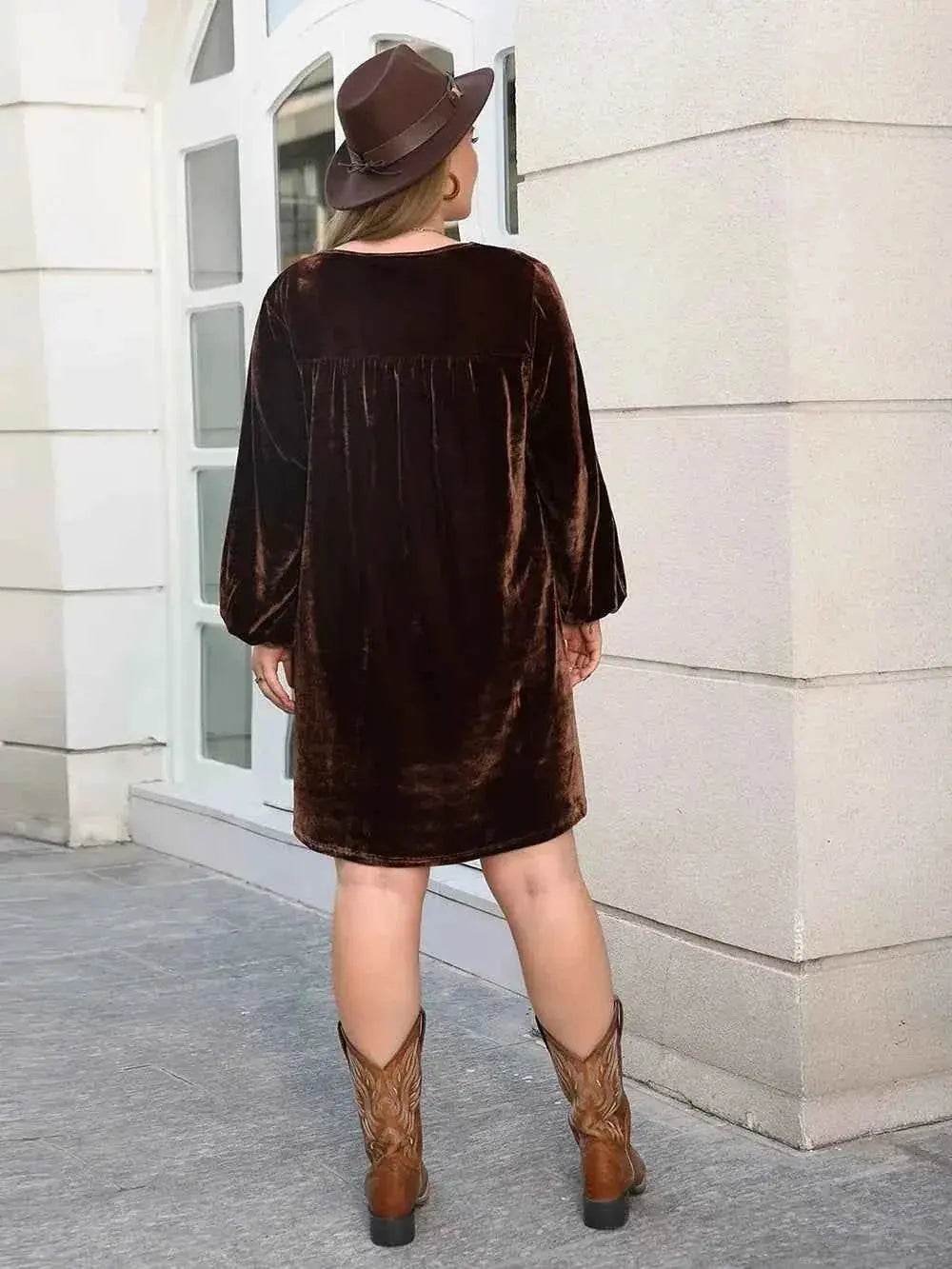 Plus Size V-Neck Balloon Sleeves Dress - GiFTiFY