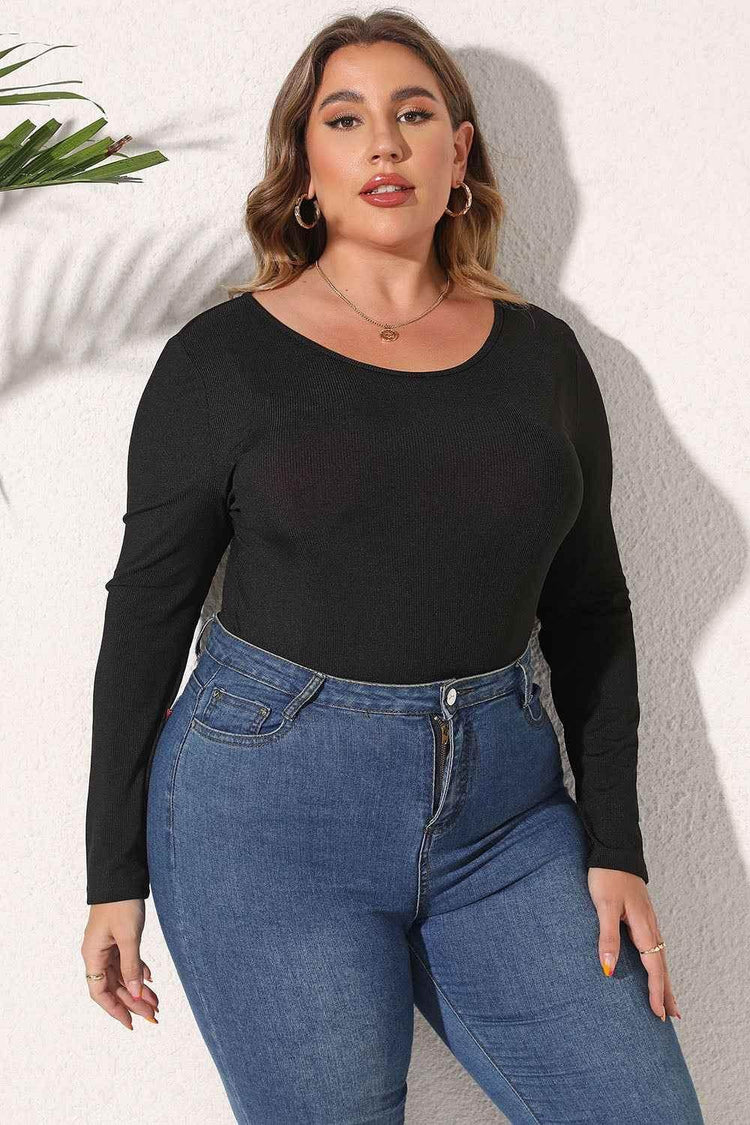 Plus Size Round Neck Long Sleeve Bodysuit - GiFTiFY