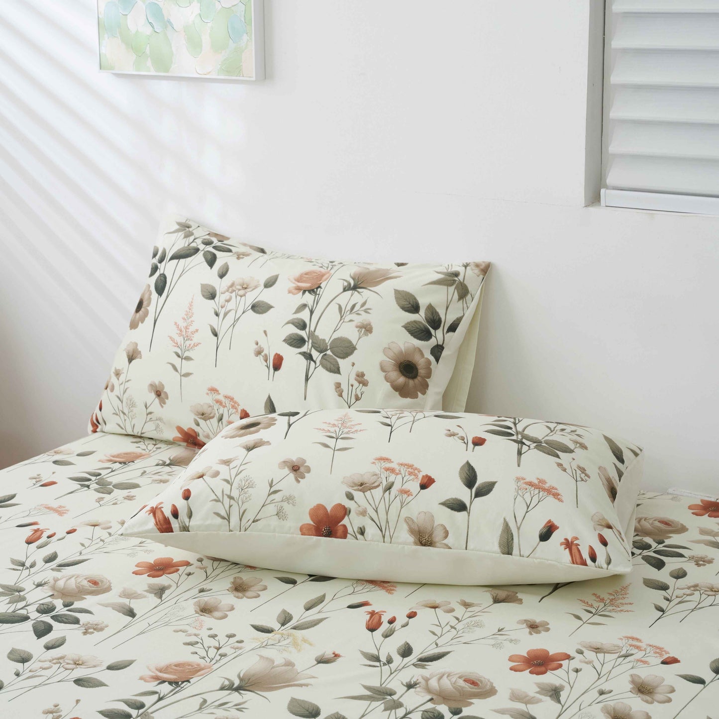 DaDalogy Enchanted Meadow Bed Sheet Set - Floral Harmony in Beige, Rose, and Soft Green, Premium Soft Microfiber, Machine Washable, Deep Pocket 14 - 15 Inches + Flat Sheet