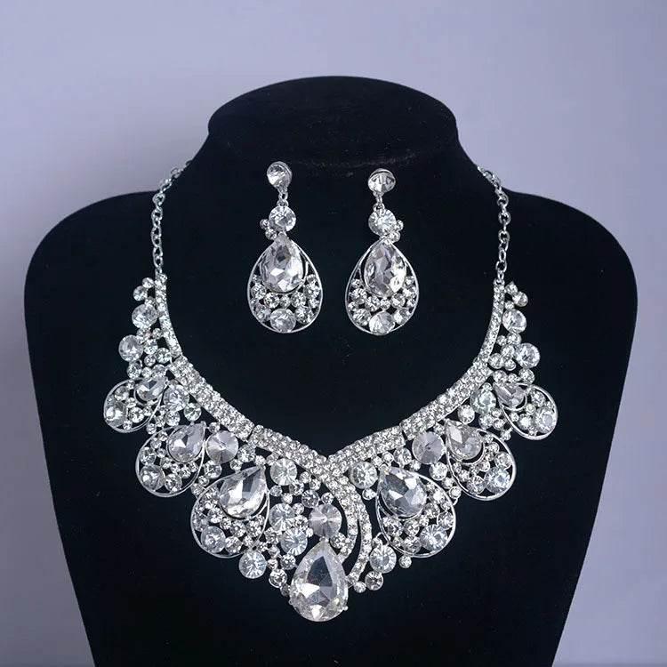 Luxury Big Rhinestone Bridal Jewelry Sets Silver Plated Crystal Crown Tiaras Choker Necklace Earrings Sets Wedding Accessories - GiFTiFY