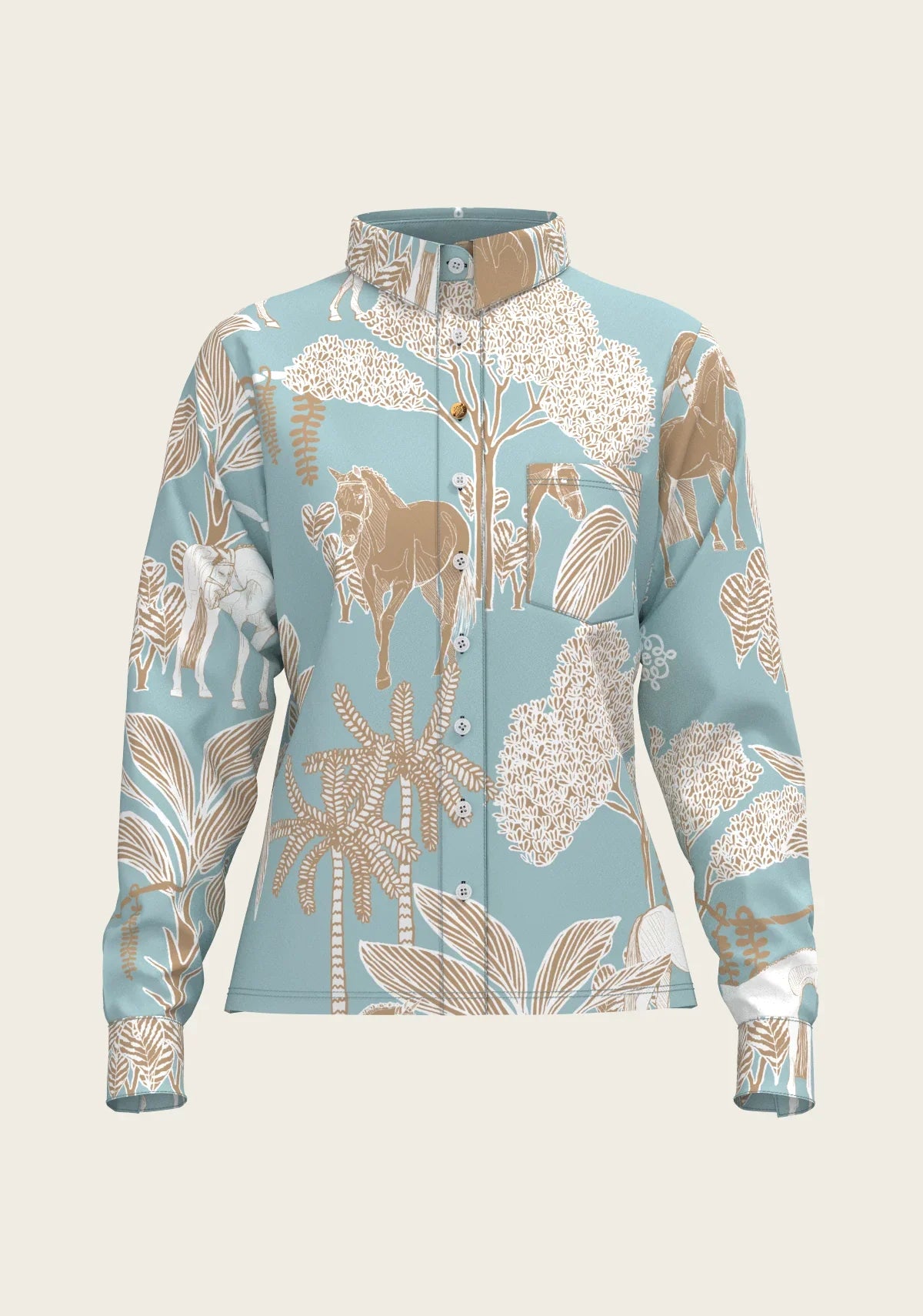 Island Horses on Sky Blue Loose Fitting Button Shirt