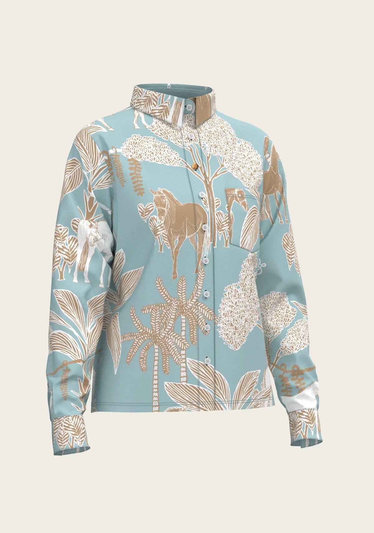 Island Horses on Sky Blue Loose Fitting Button Shirt