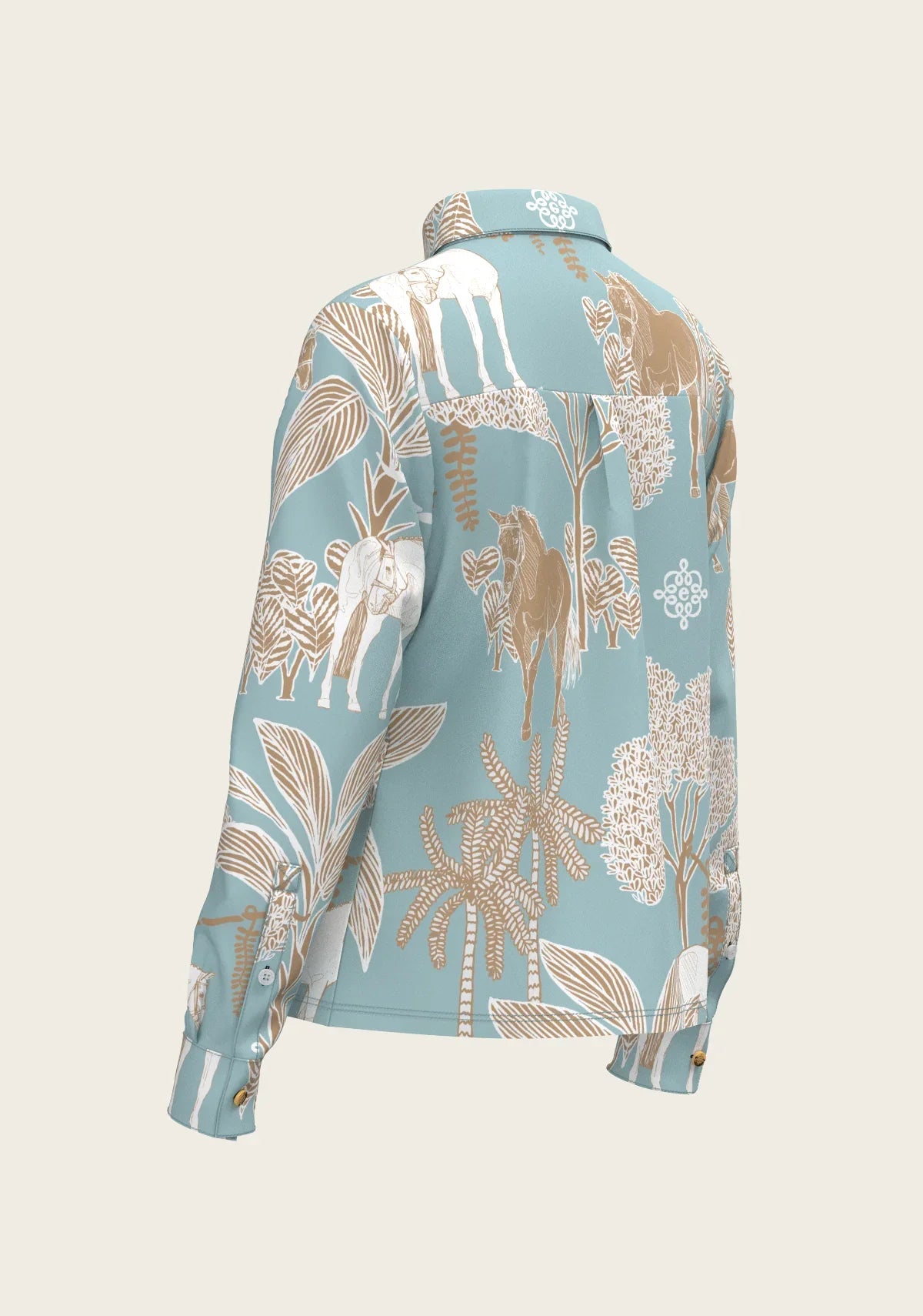 Island Horses on Sky Blue Loose Fitting Button Shirt