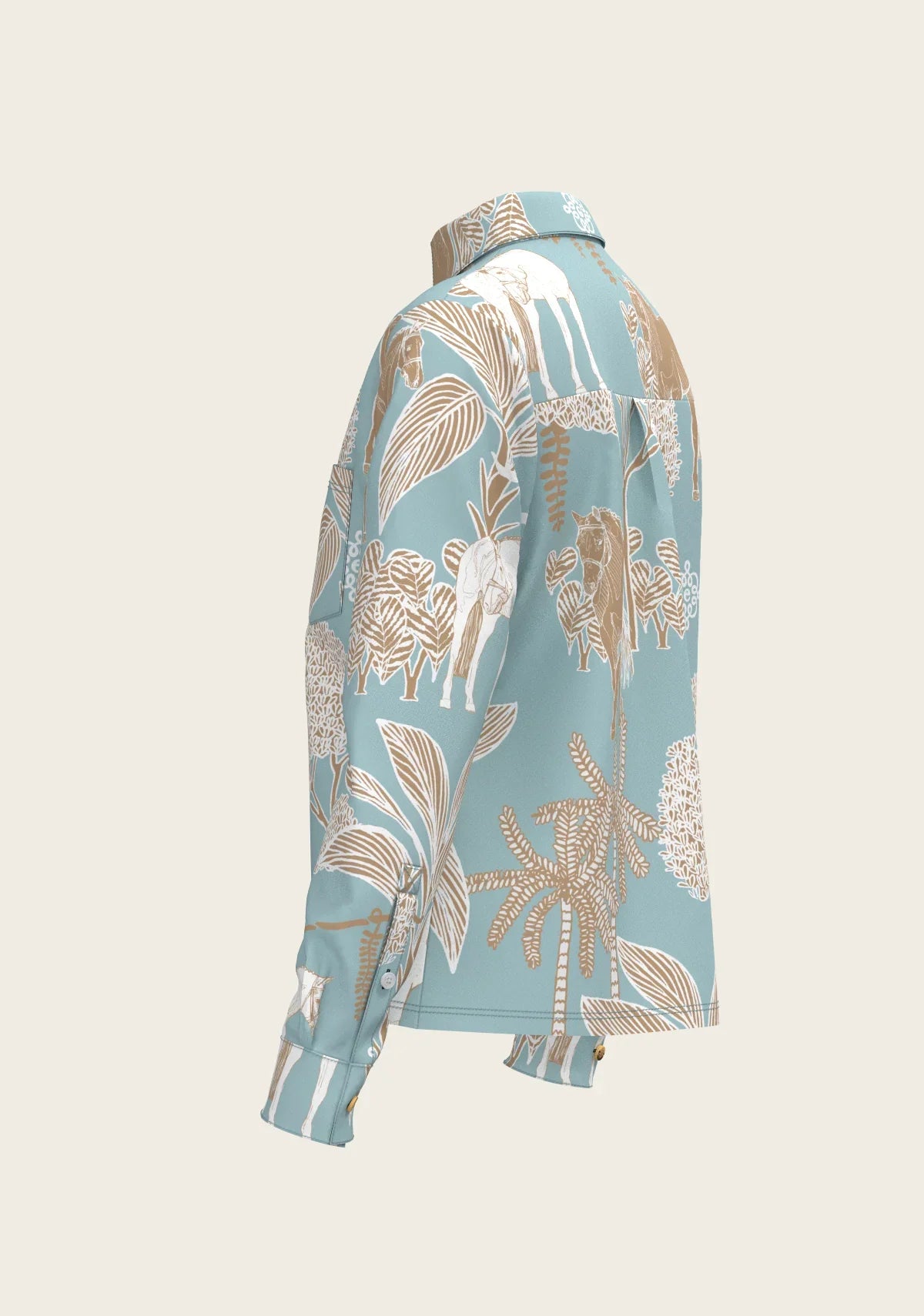 Island Horses on Sky Blue Loose Fitting Button Shirt