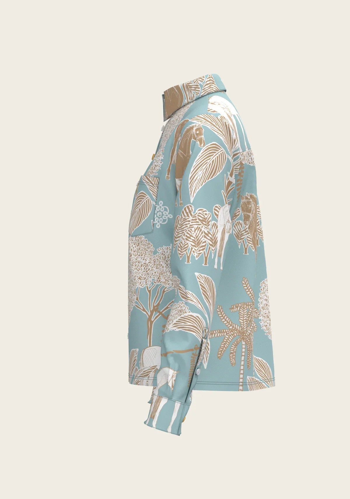 Island Horses on Sky Blue Loose Fitting Button Shirt