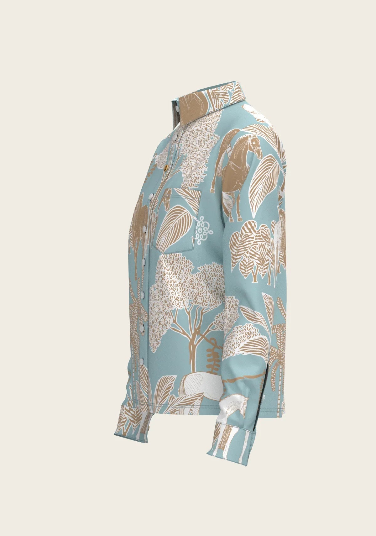 Island Horses on Sky Blue Loose Fitting Button Shirt