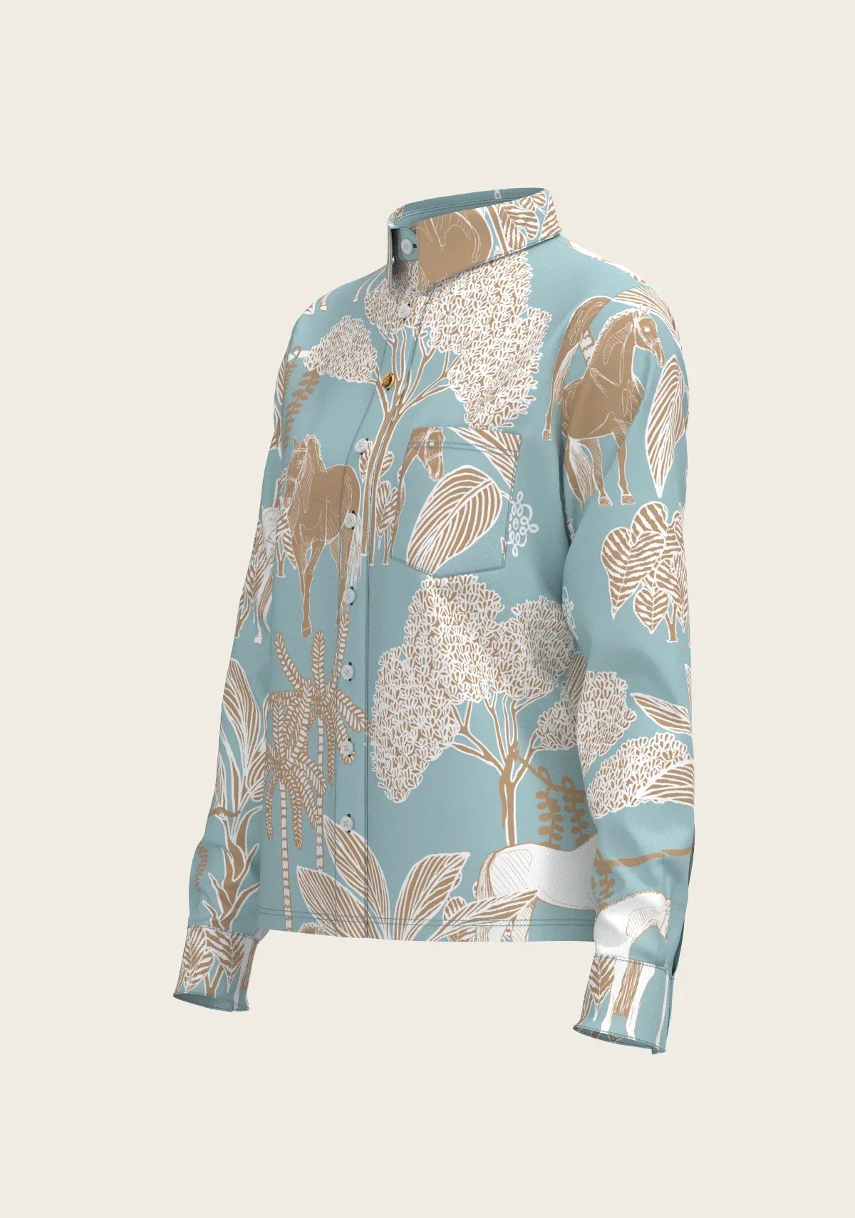 Island Horses on Sky Blue Loose Fitting Button Shirt