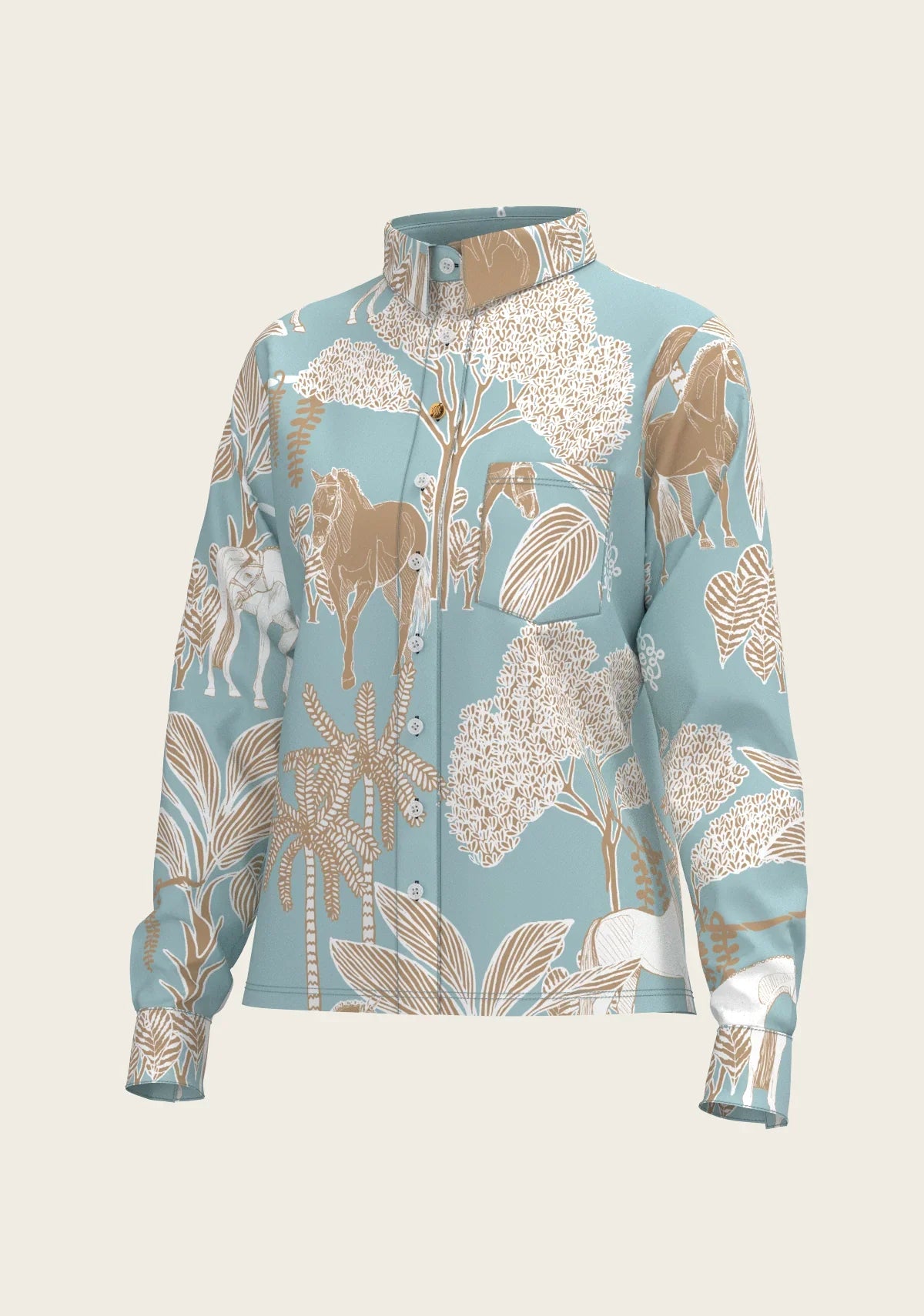 Island Horses on Sky Blue Loose Fitting Button Shirt