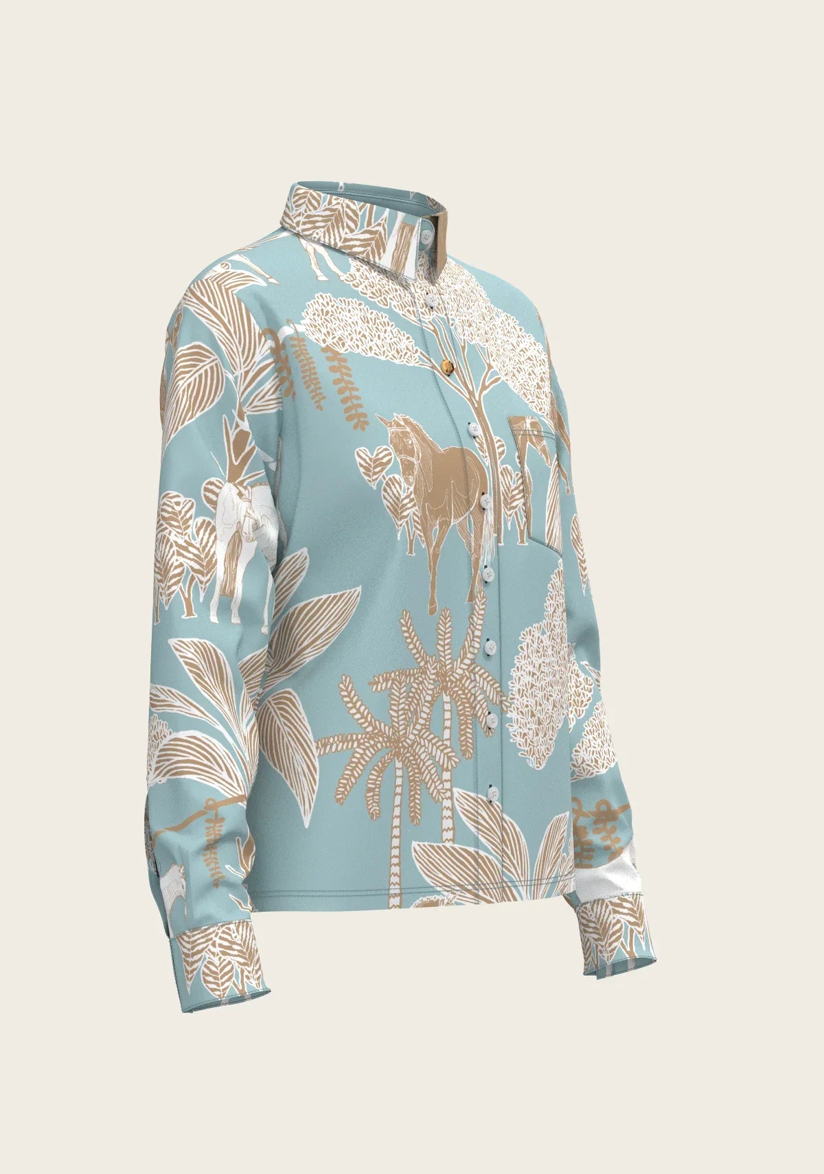 Island Horses on Sky Blue Loose Fitting Button Shirt
