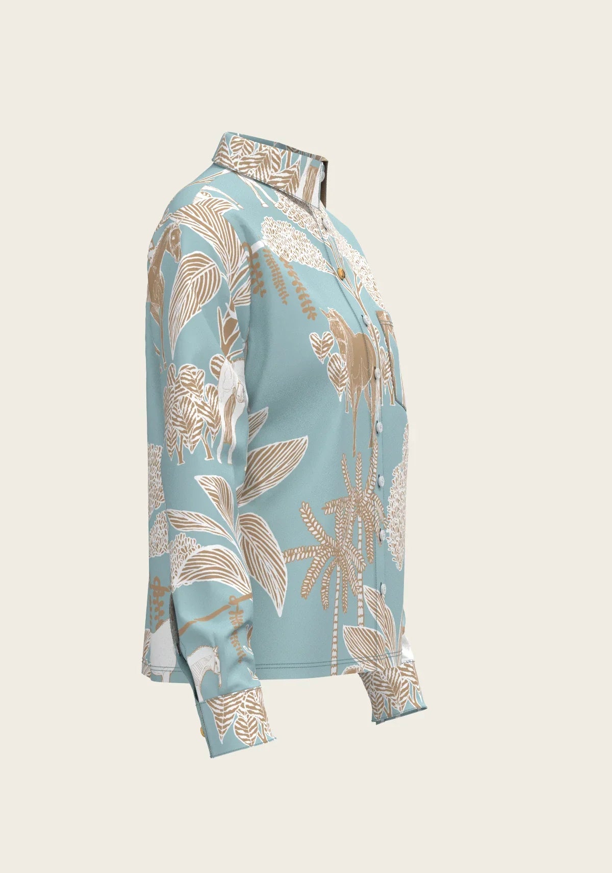 Island Horses on Sky Blue Loose Fitting Button Shirt