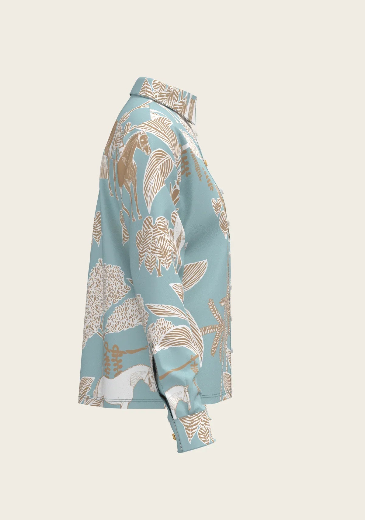 Island Horses on Sky Blue Loose Fitting Button Shirt