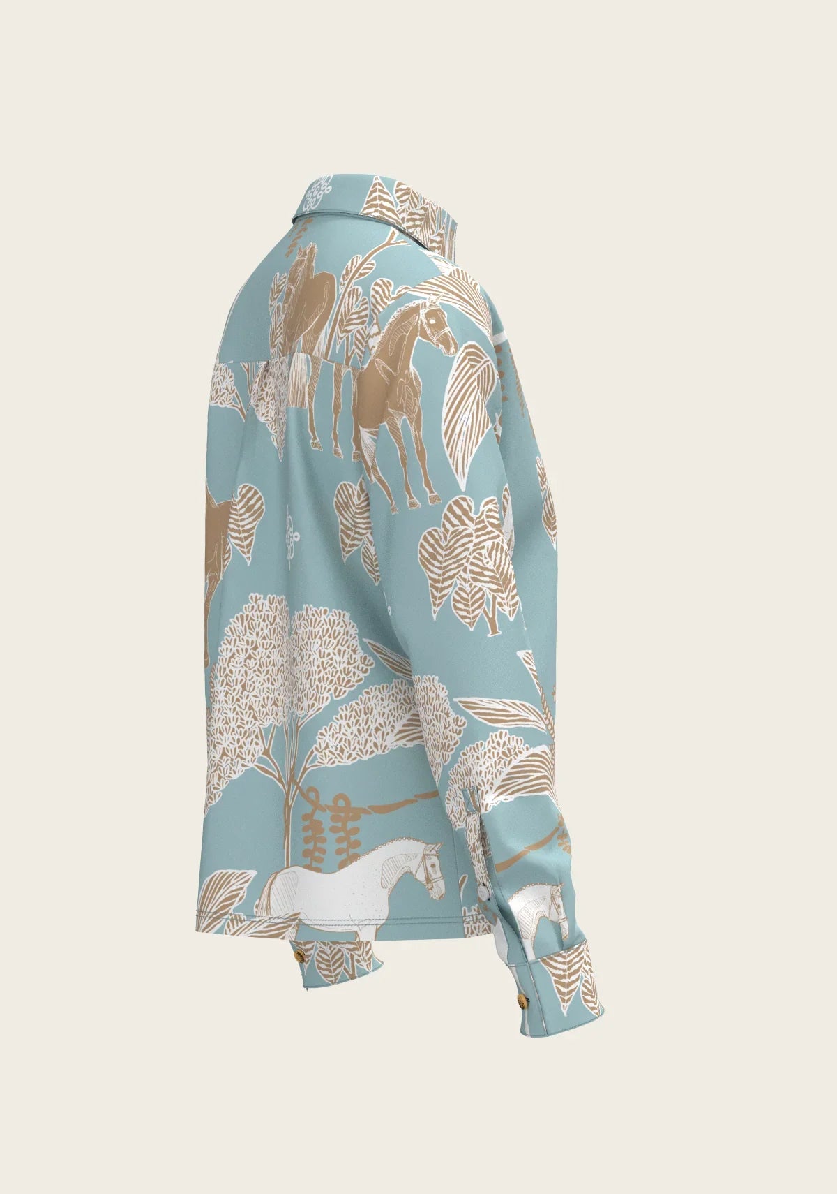 Island Horses on Sky Blue Loose Fitting Button Shirt