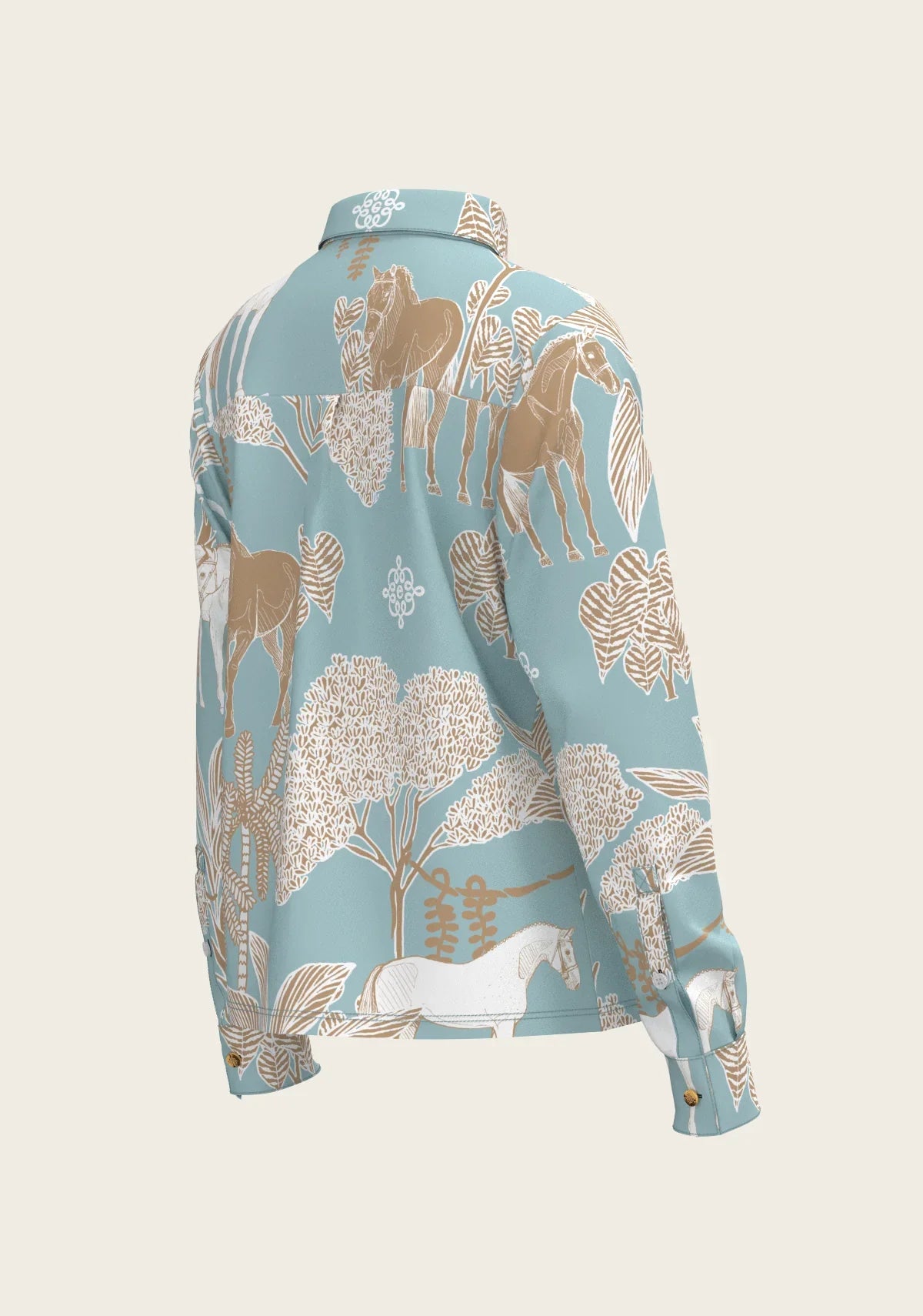 Island Horses on Sky Blue Loose Fitting Button Shirt