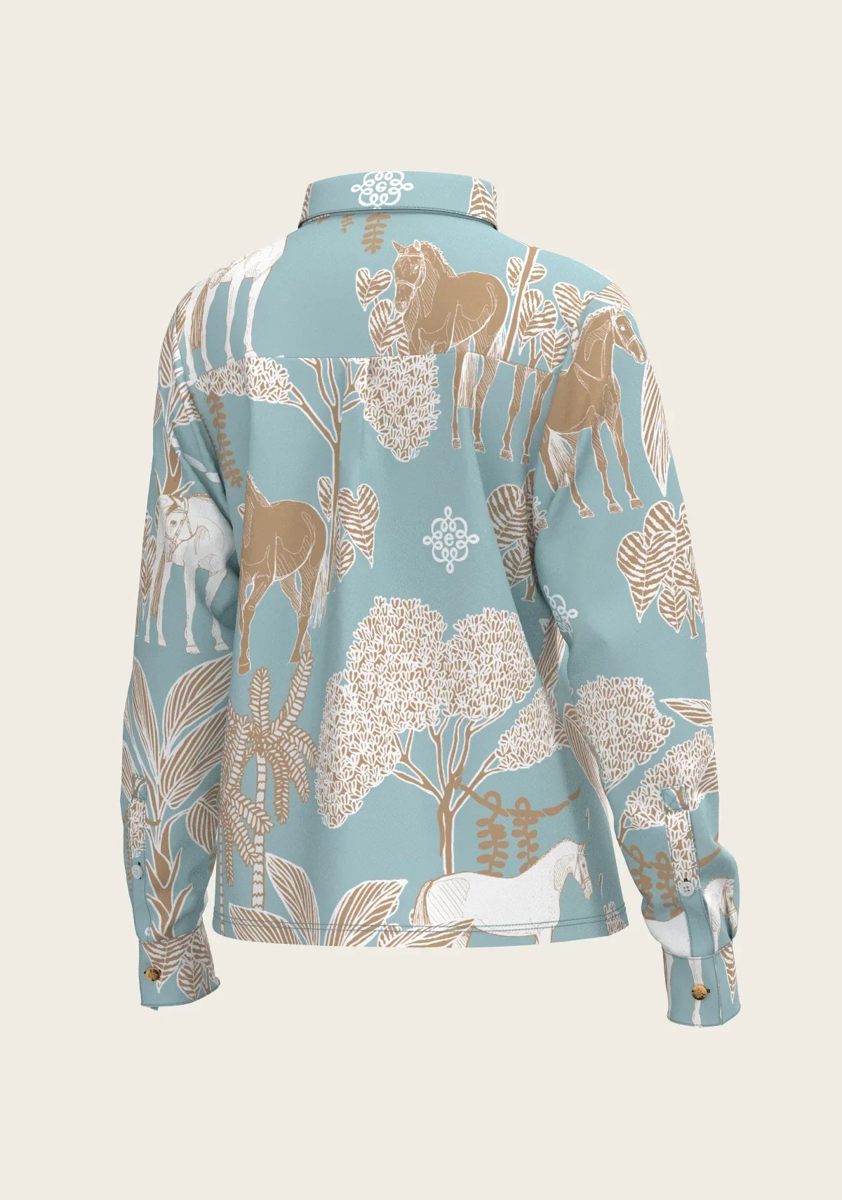 Island Horses on Sky Blue Loose Fitting Button Shirt