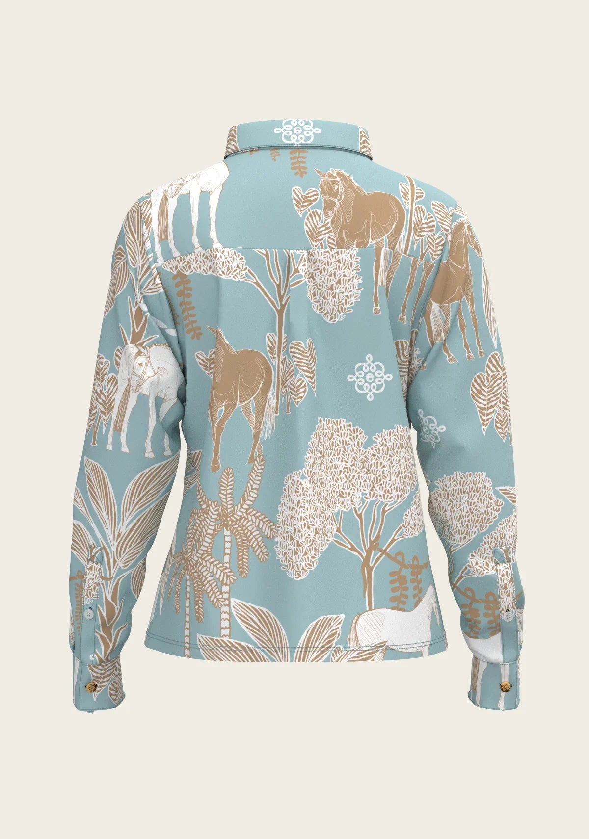 Island Horses on Sky Blue Loose Fitting Button Shirt