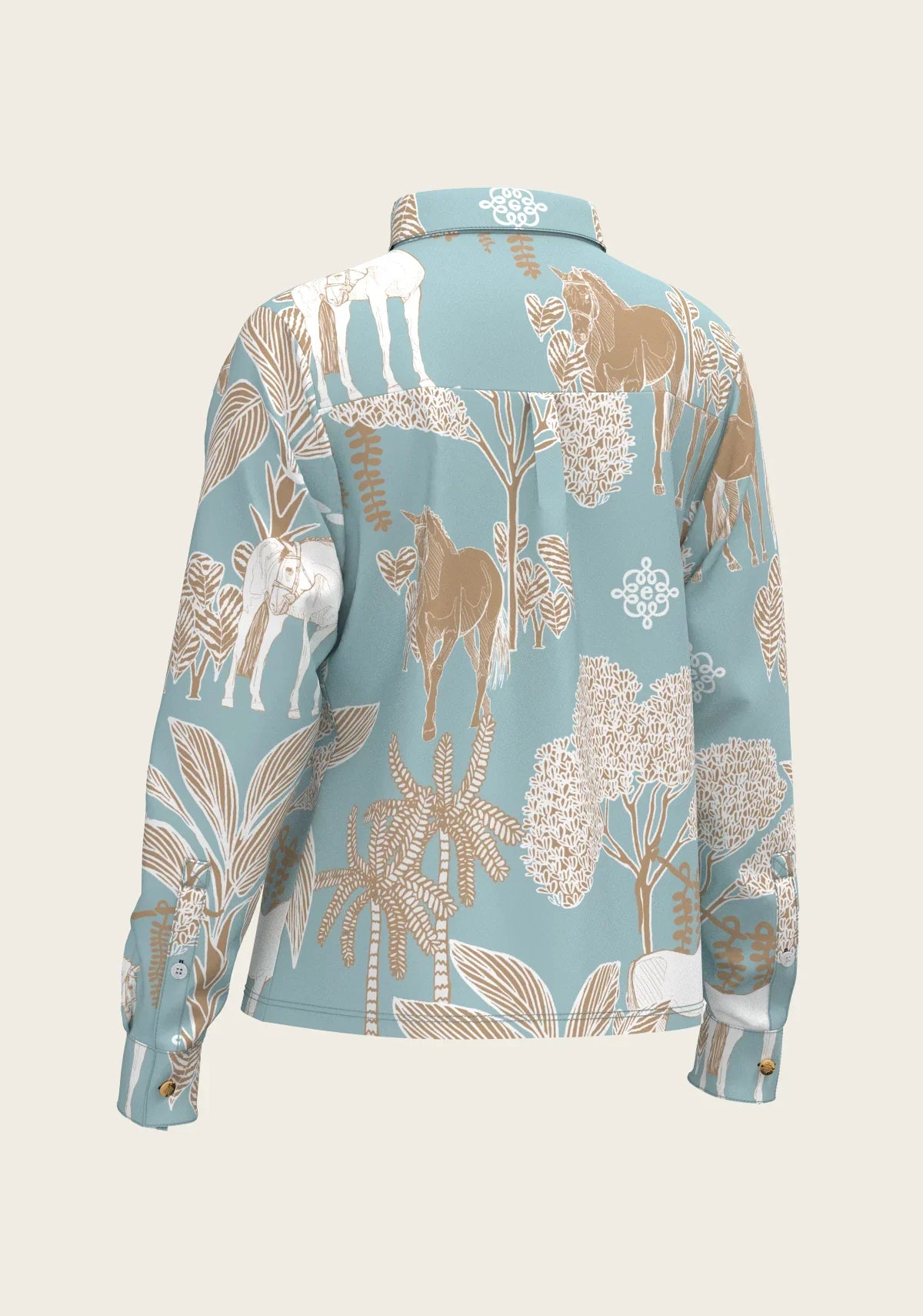 Island Horses on Sky Blue Loose Fitting Button Shirt