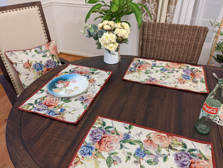 DaDa Bedding Set of 4-Pieces Vintage Romantic Roses Lovely Pink Floral Tapestry Placemats 13” x 19” (879) Placemat by DaDalogy Bedding Collection