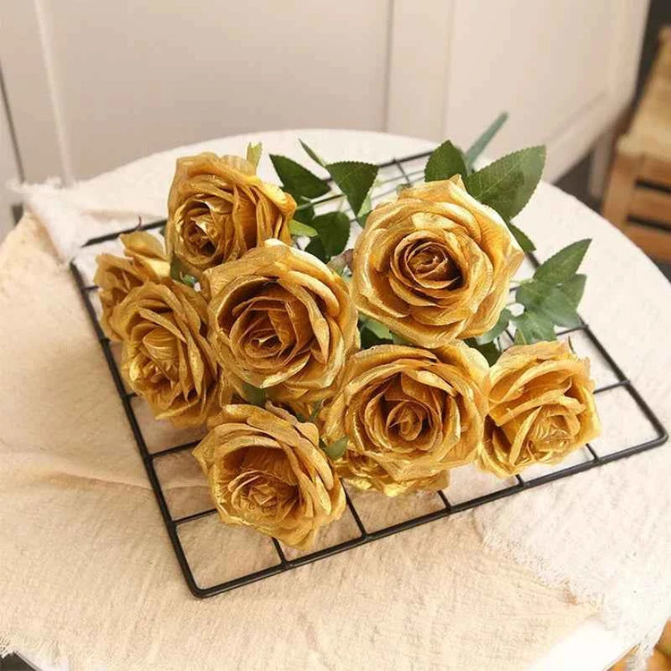 10/1 Heads Golden Silver Rose Artificial Flower DIY Wedding Floral Arrangement Material Silk Bridal Bouquet Photo Prop Home Deco