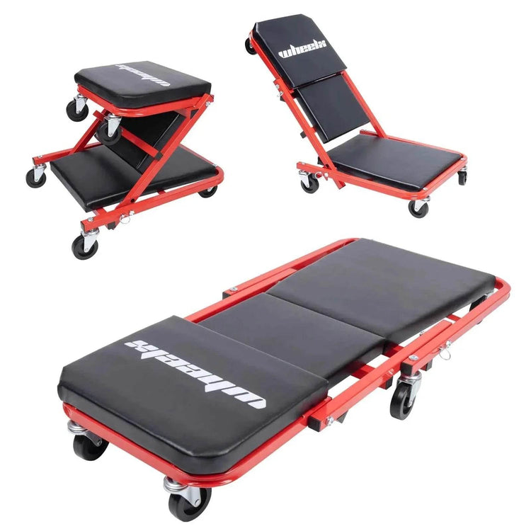 3-in-1 Rolling Mechanic Creeper Z Seat, Foldable Garage Chair Lay Down Sit Lean Back, Under Car Shop Auto Repair, Red Black - GiFTiFY