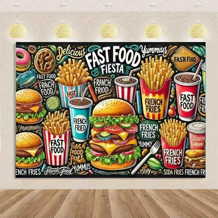 Quick Food Theme Birthday Party Decoration Hamburger French Fries Pizza Background Banner Photography Backdrop Supplies Kid Gift - GiFTiFY