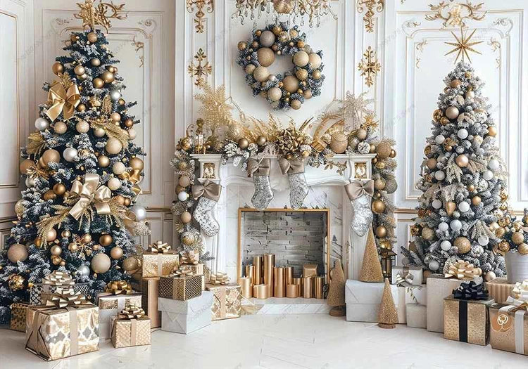 White Christmas Fireplace Background Xmas Tree Garland Gift Photography Backdrop Family Kids Holiday Party Banner Photo Studio