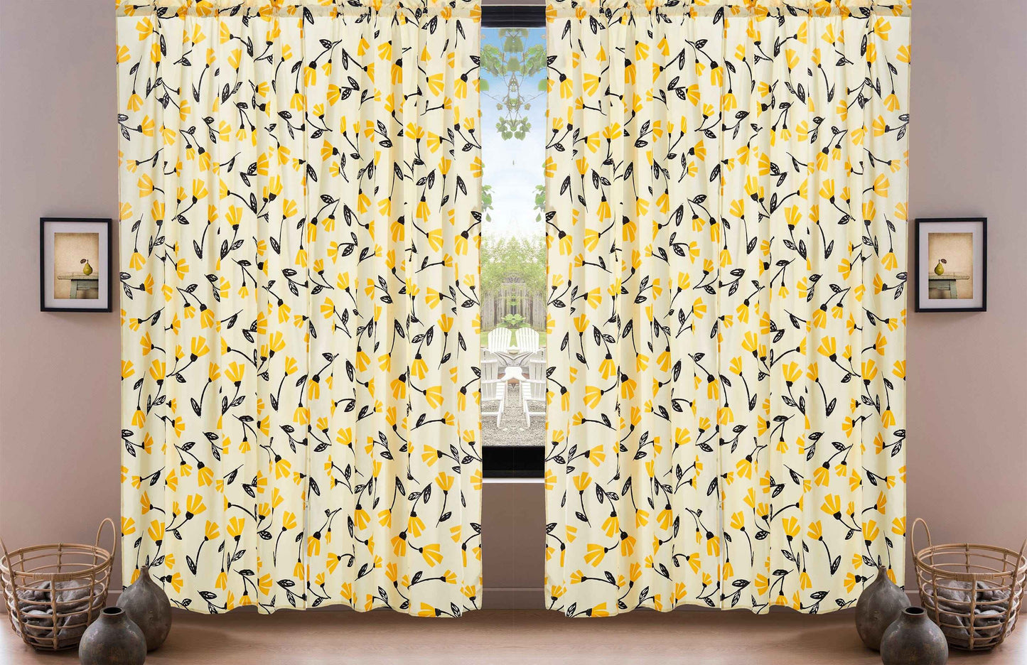 DaDa Bedding Set of 2 Botanical Floral Window Curtain Panels - Natural Semi Sheer Yellow Fleur Golden Orange Spring Time Tulips Straight Tailored Edge