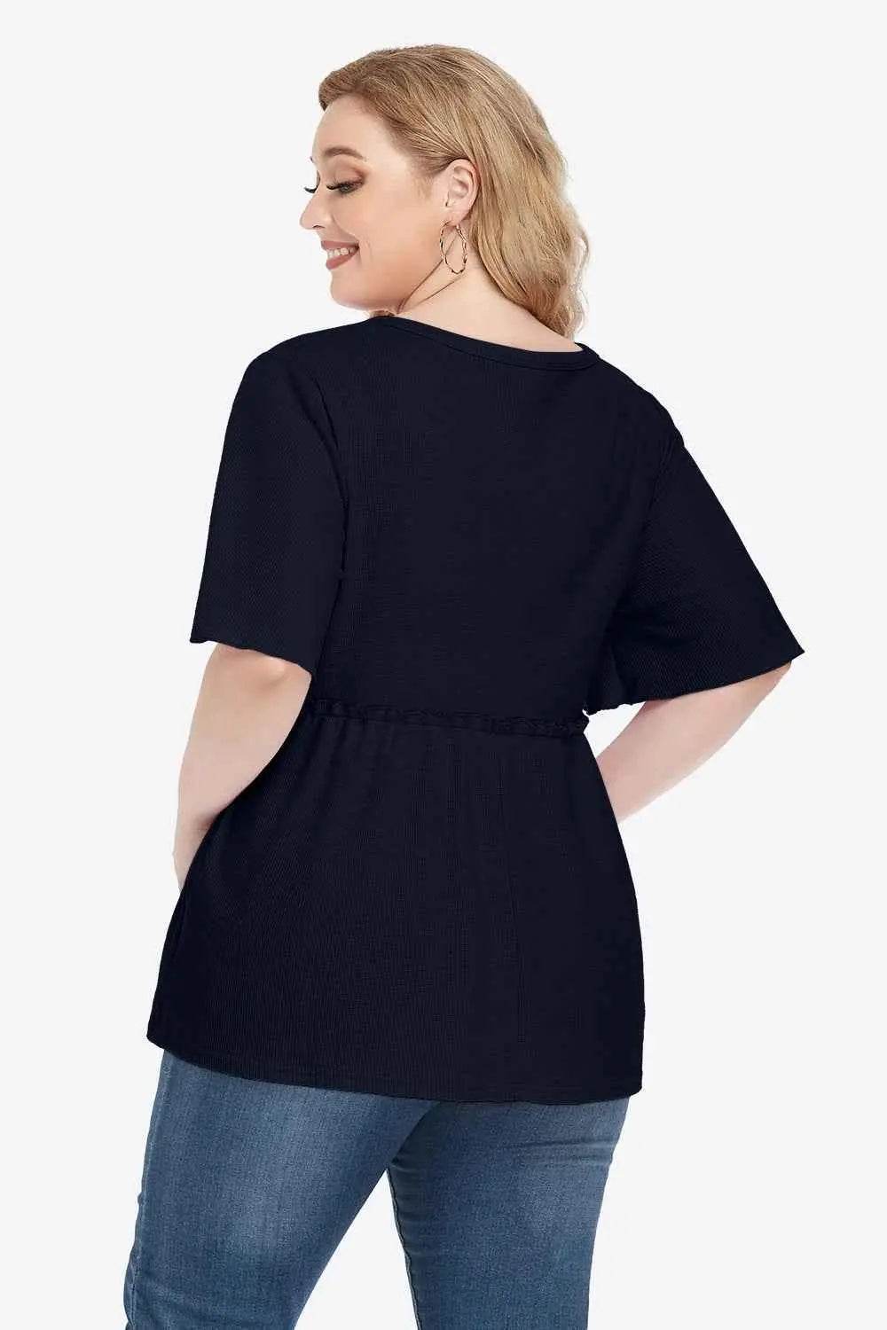 Plus Size Buttoned V-Neck Frill Trim Babydoll Blouse - GiFTiFY