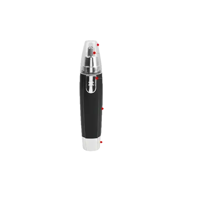 Black and silver nose hair trimmer with labeled dimensions.