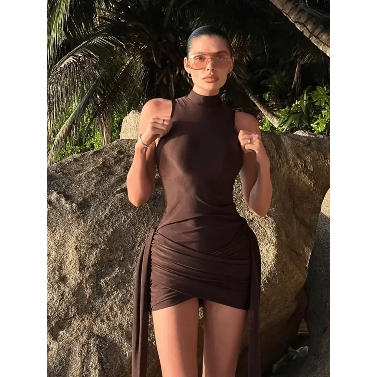 Brown Pleat Women Mini Vestidos Elegant Draped Ruched Turtleneck Sleeveless Slim Fit Dresses Summer Woman Club Party Short Dress - GiFTiFY