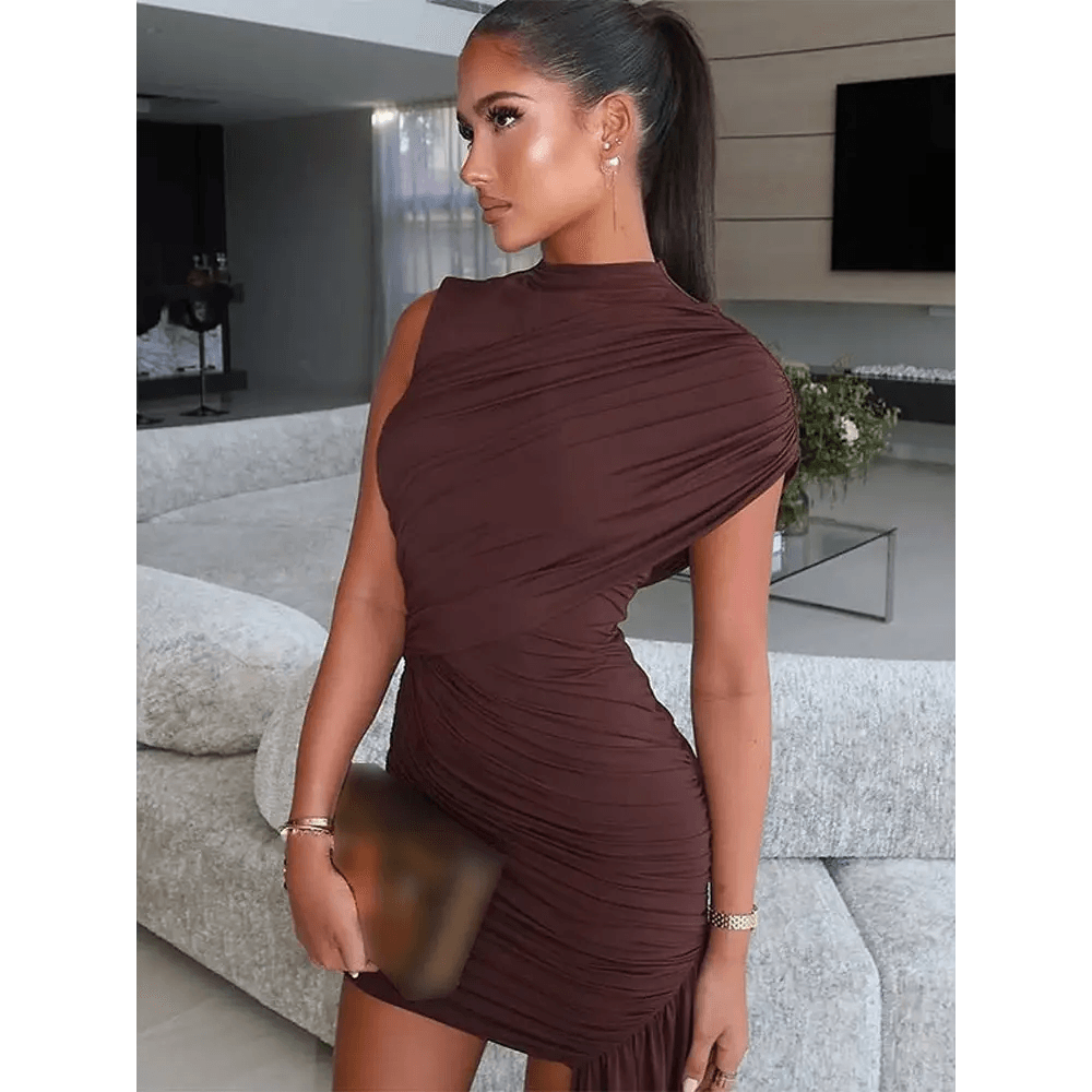 Brown Pleat Women Mini Vestidos Elegant Draped Ruched Turtleneck Sleeveless Slim Fit Dresses Summer Woman Club Party Short Dress - GiFTiFY