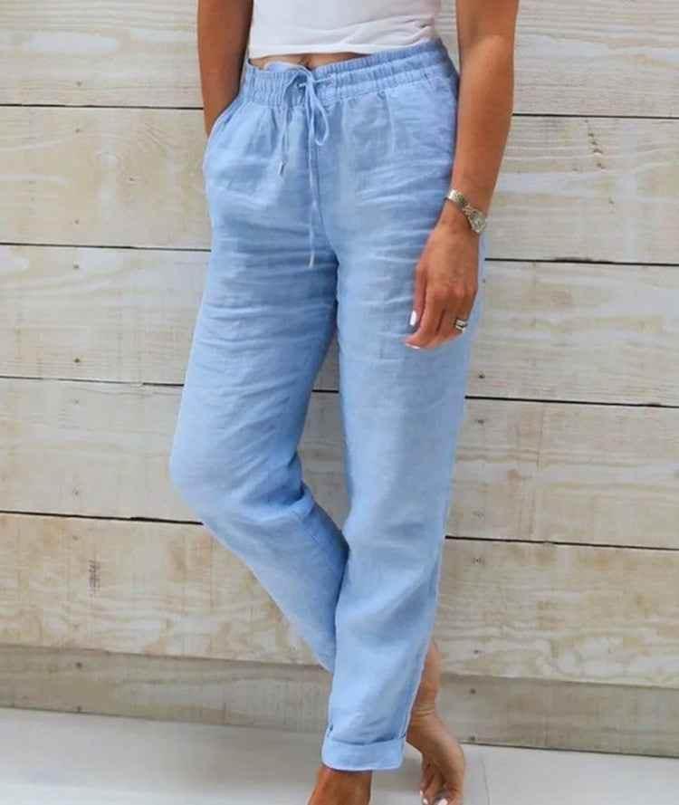 Women's Elastic Waist Solid Color Cotton Pants - GiFTiFY